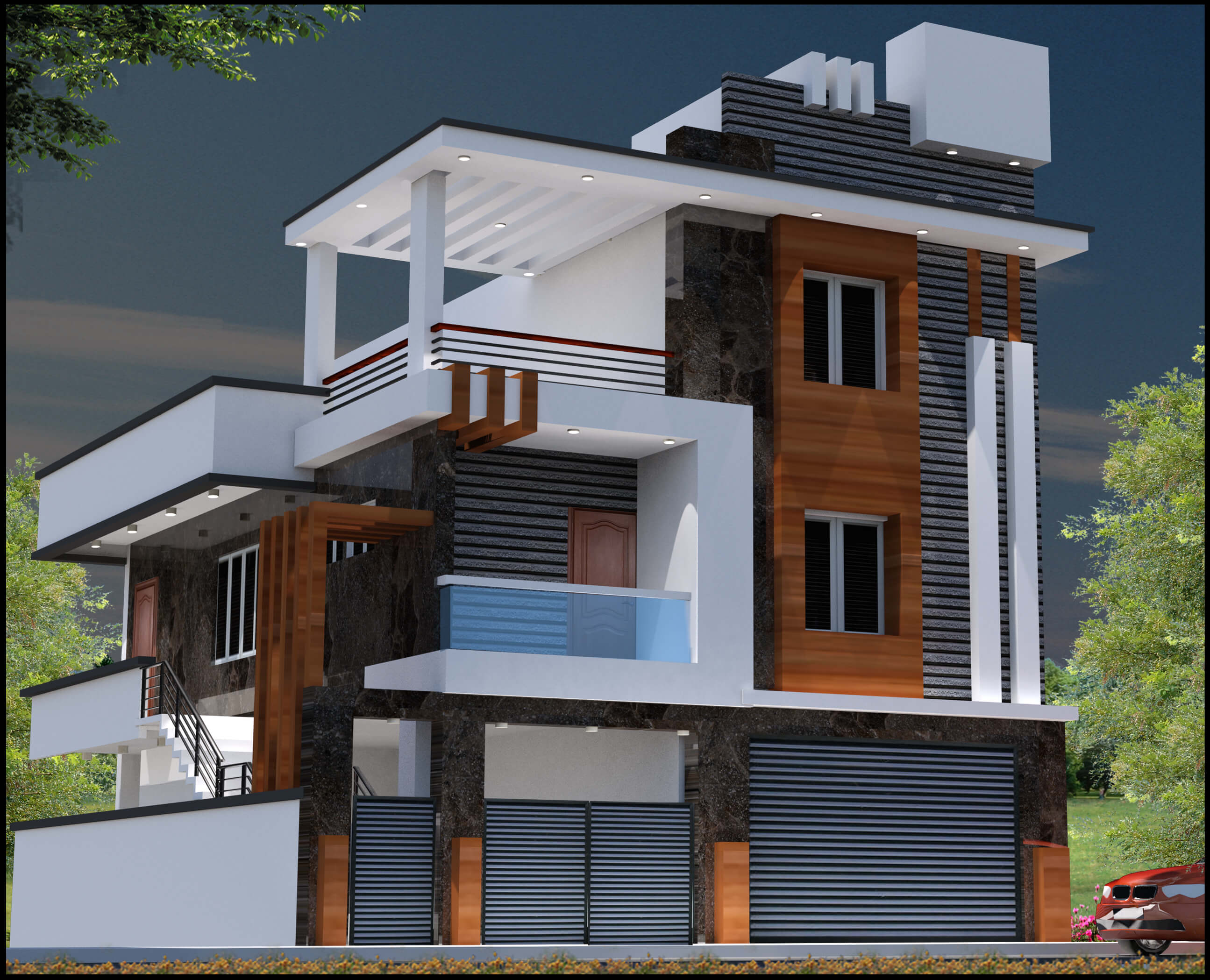3D house elevation drawing by Srishti Constructions